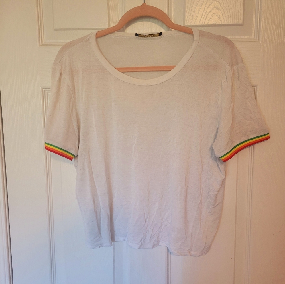 Plus size white and rainbow ringer tee crop top